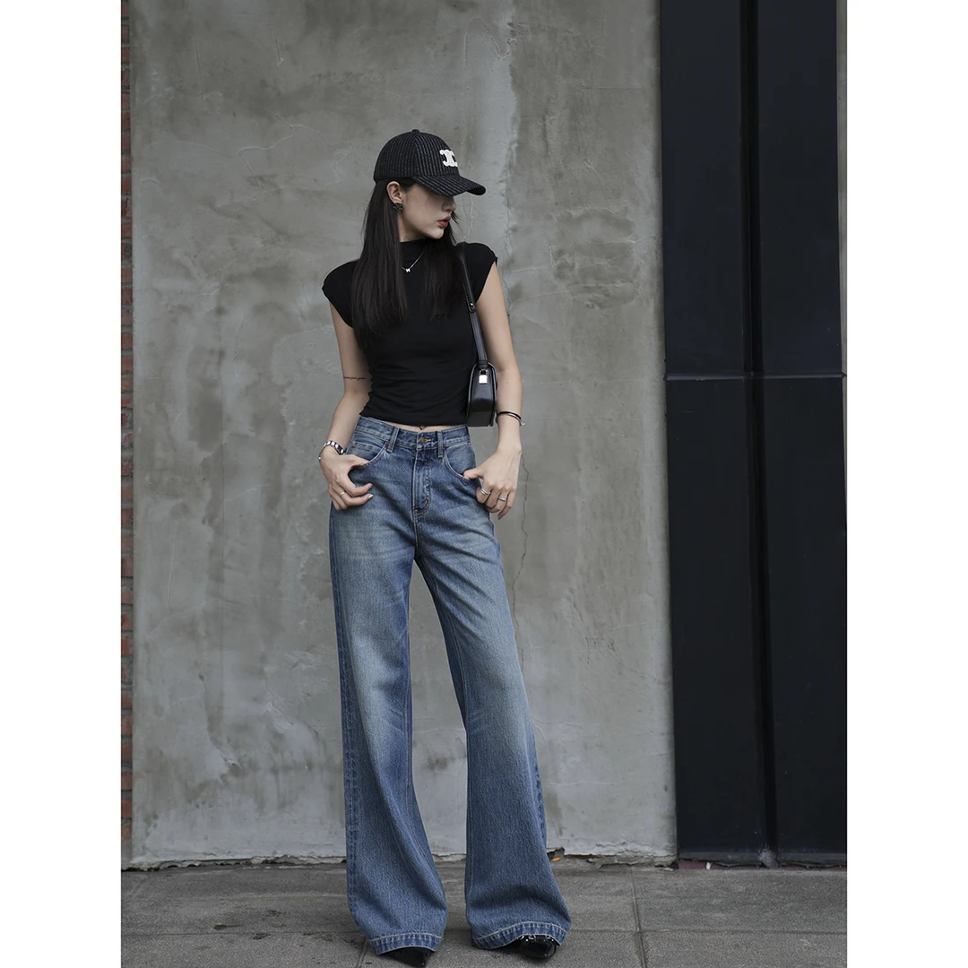 Choumei Home春品设计师款牛仔裤 复古美式直筒阔腿喇叭裤