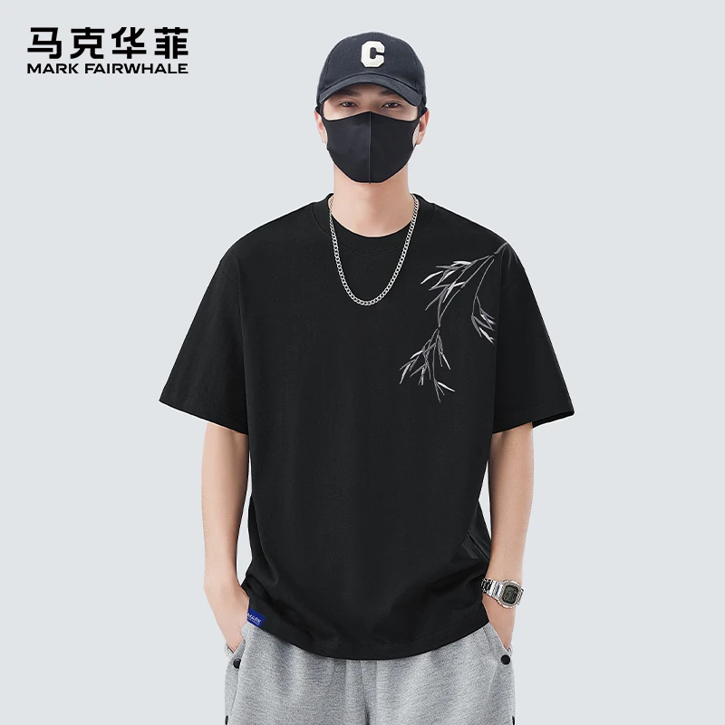 MARK FAIRWHALE/马克华菲夏季重磅国风刺绣圆领短袖T恤宽松男体恤
