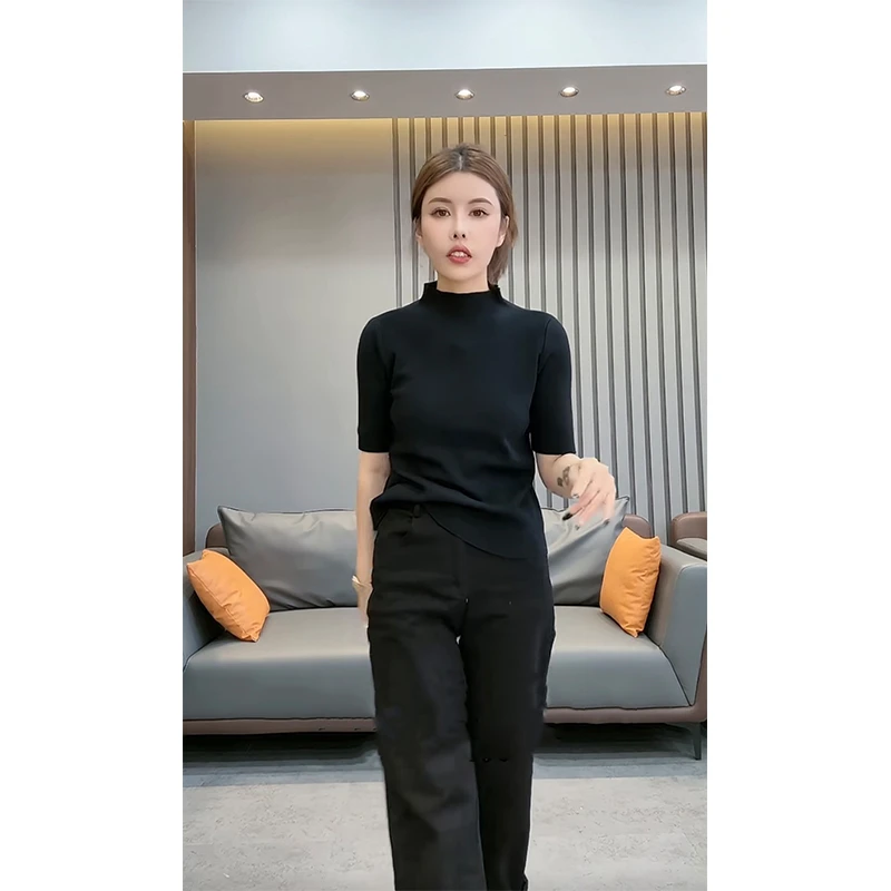 欧货2025早秋新款小高领五分袖纯色洋气针织衫t袖打底衫上衣女