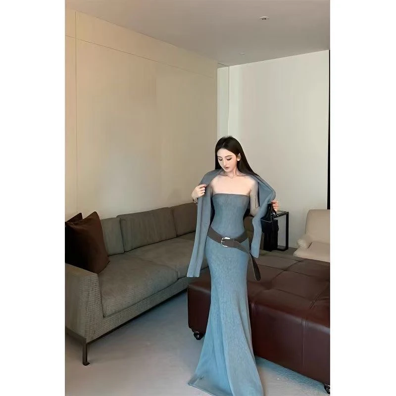 慵懒风宽松长袖毛衣外套春秋纯欲辣妹风针织抹胸连衣裙两件套