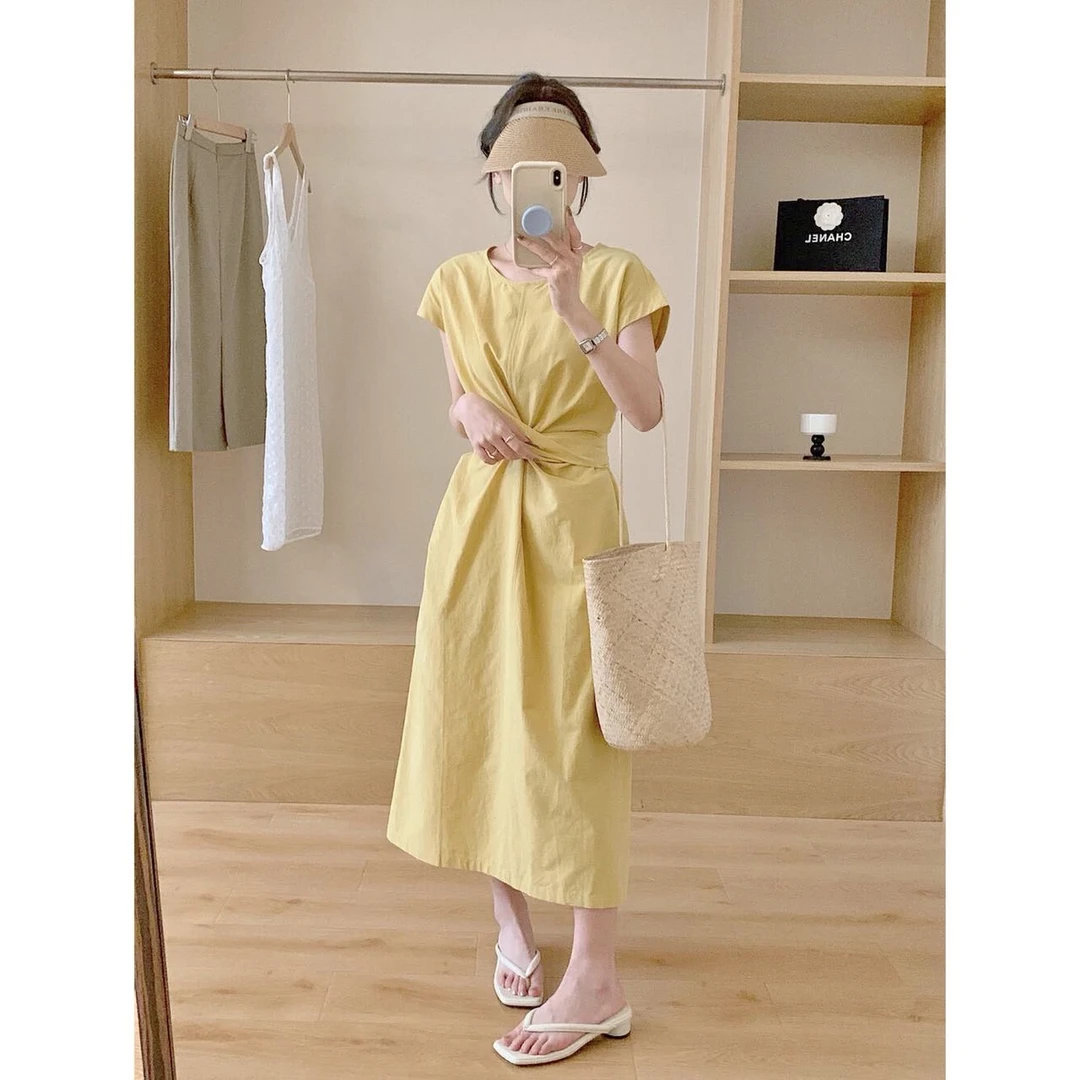 法式设计感绑带收腰圆领连衣裙夏季轻奢风优雅气质长裙9643#0.1
