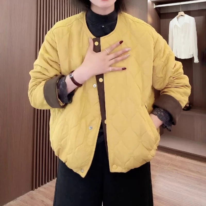 时髦洋气菱格纹拼接圆领棉服2025秋冬新款设计感小众显瘦保暖外套