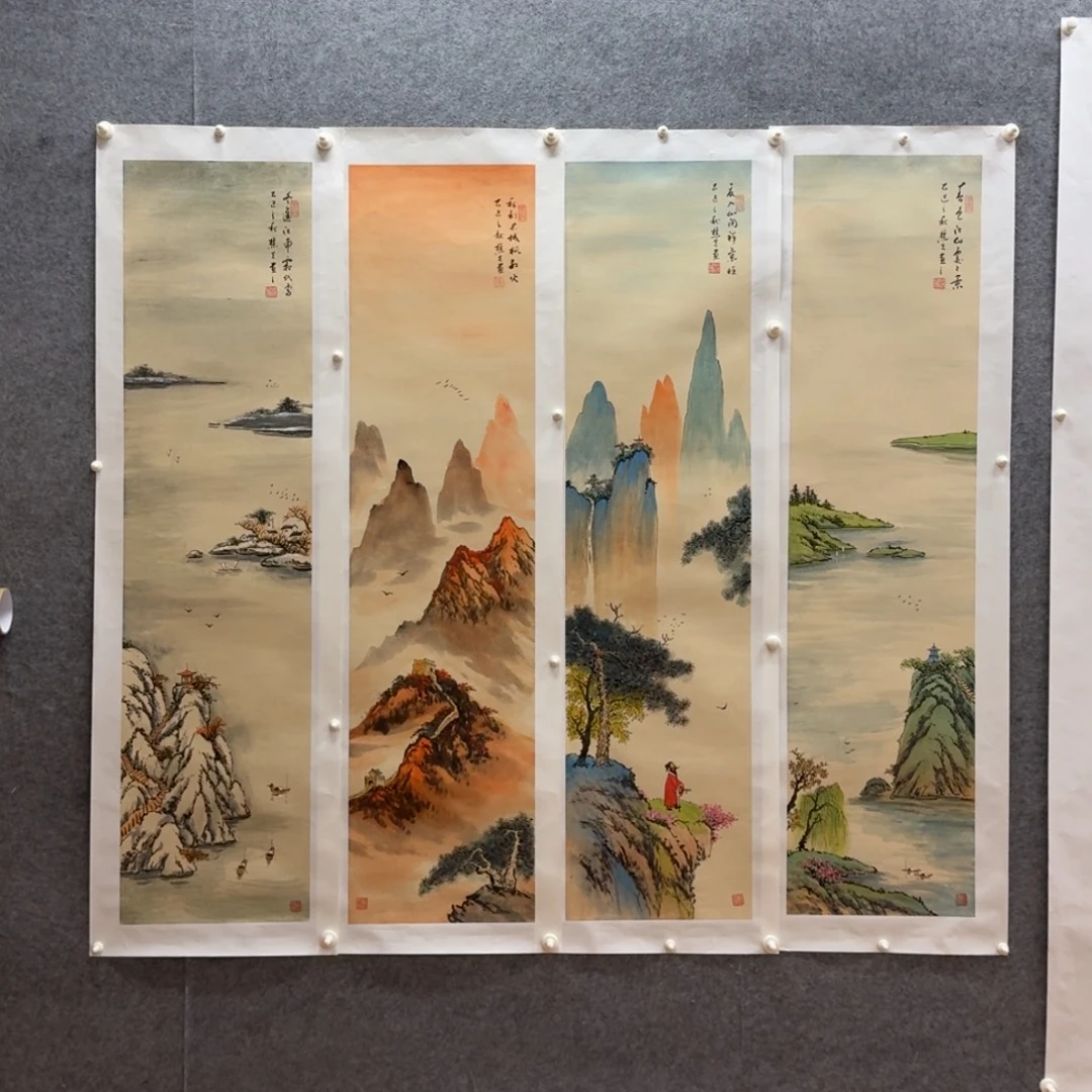 国画刘儒樵四尺对开作品一套山水