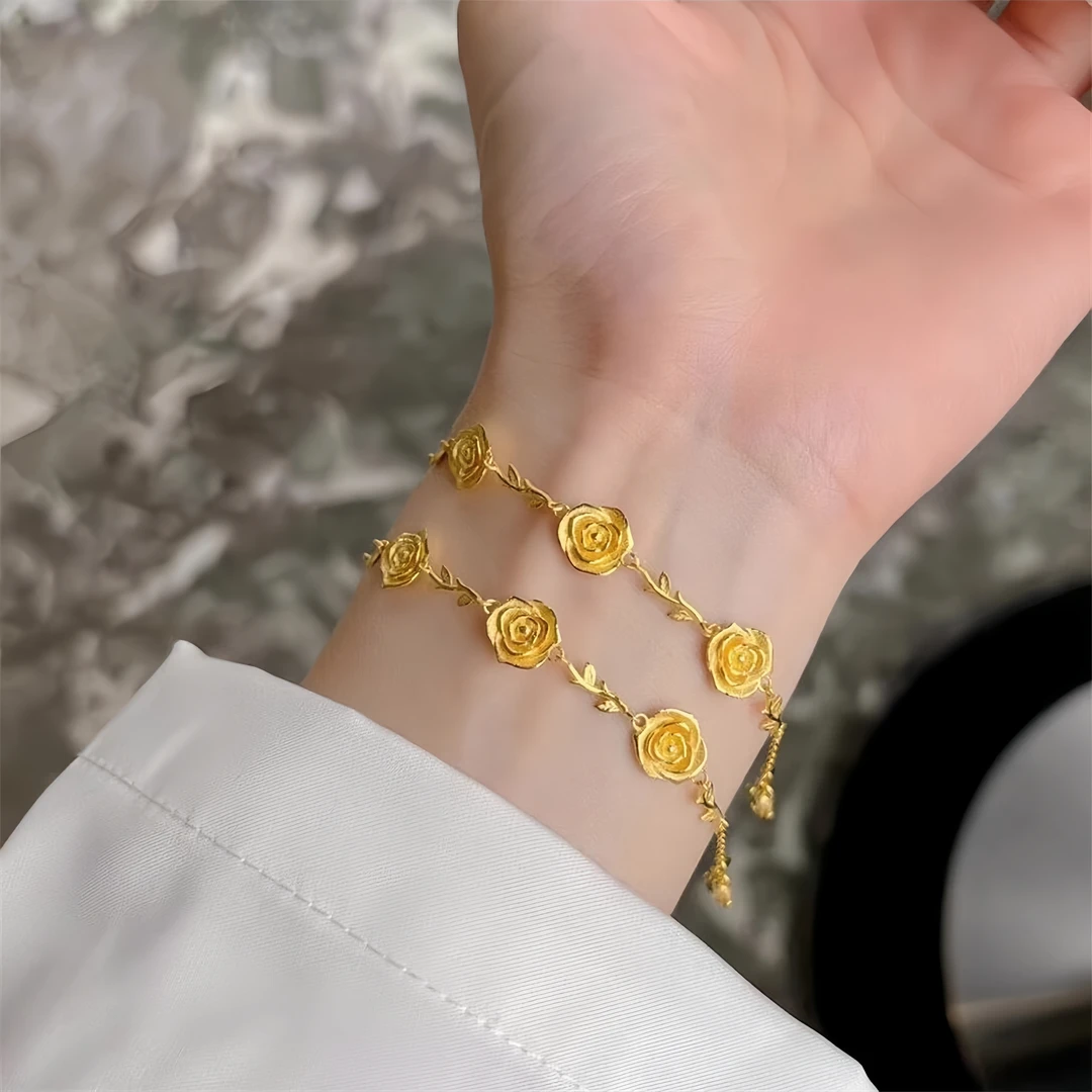 足银手链 传承新款纯银复古花枝玫瑰花手链终生浪漫520送女友礼物