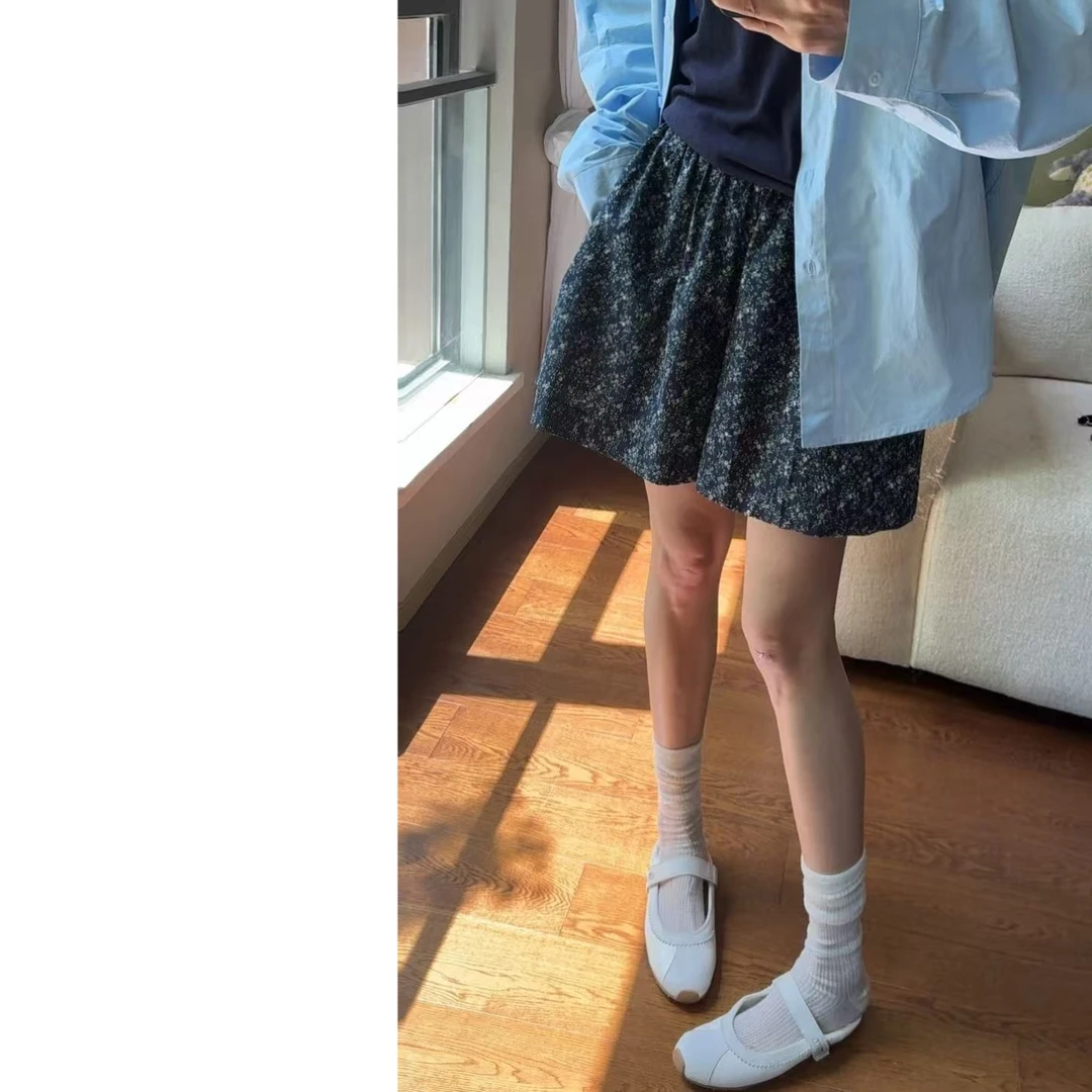 墨迹姐高个子微胖“碎花小短裤”松紧腰四分长度阔腿花苞短裤女