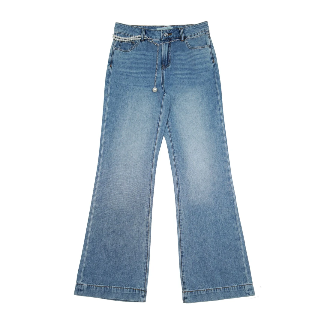 珍珠直筒牛仔裤蓝色pansk冰蓝牛仔裤103263