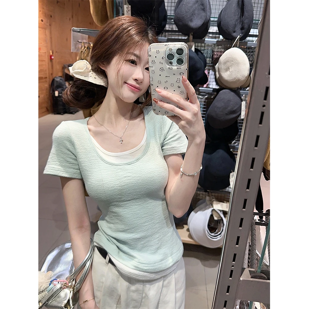 大码微胖假两件正肩短袖t恤女夏季洋气体恤胖MM遮肉显瘦上衣-6843