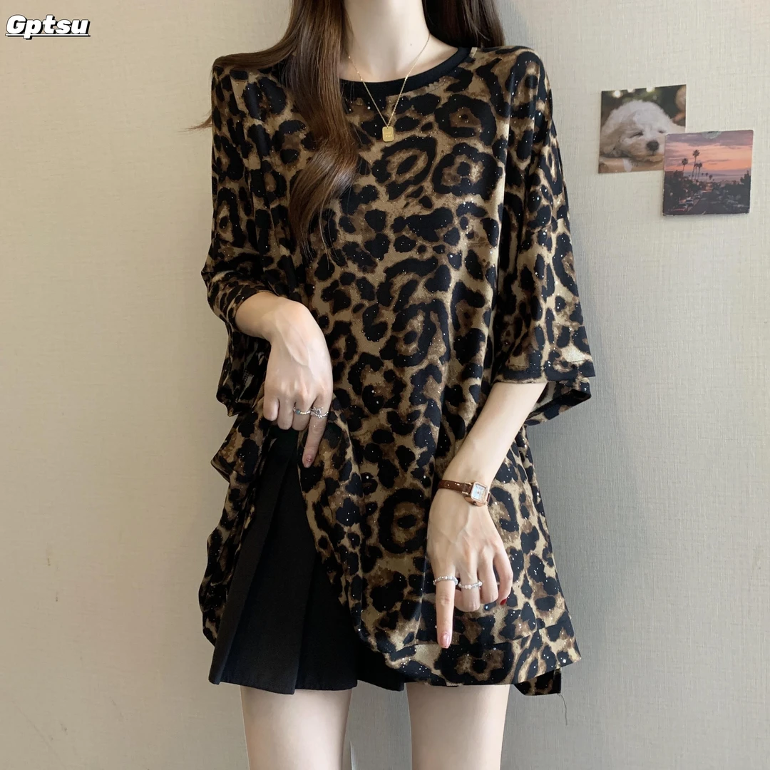 GPTSu时尚韩版豹纹蝙蝠袖T恤女夏季大码胖mm宽松显瘦遮肚子上衣潮