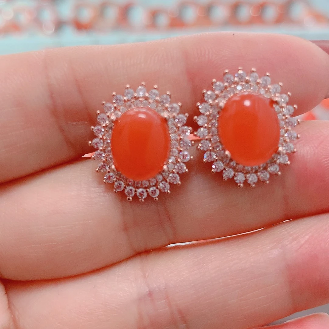 南红玛瑙耳钉银S925镶嵌