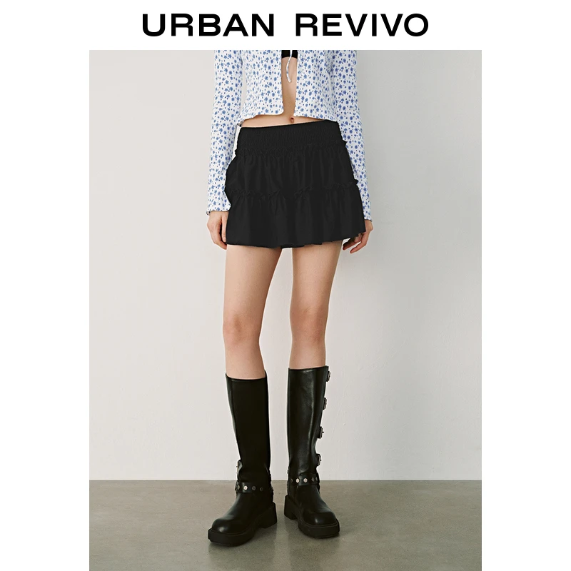 UR2025秋季新款女装打揽松紧腰木耳边超宽松半裙UYY550010