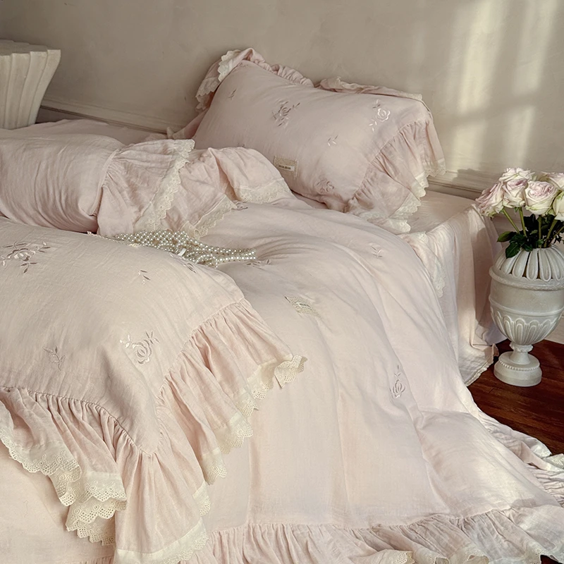 法式风玫瑰全棉皱雾纱四件套高精密刺绣纯棉被套高级床上四件套