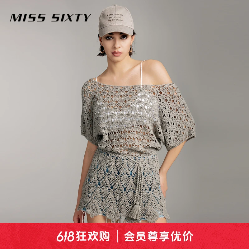 Miss Sixty夏季新款针织衫女镂空钩花短袖度假风休闲上衣