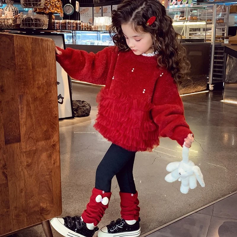 童泰【断码】女童红色水貂绒毛衣冬装2025新款洋气儿童女孩软糯针