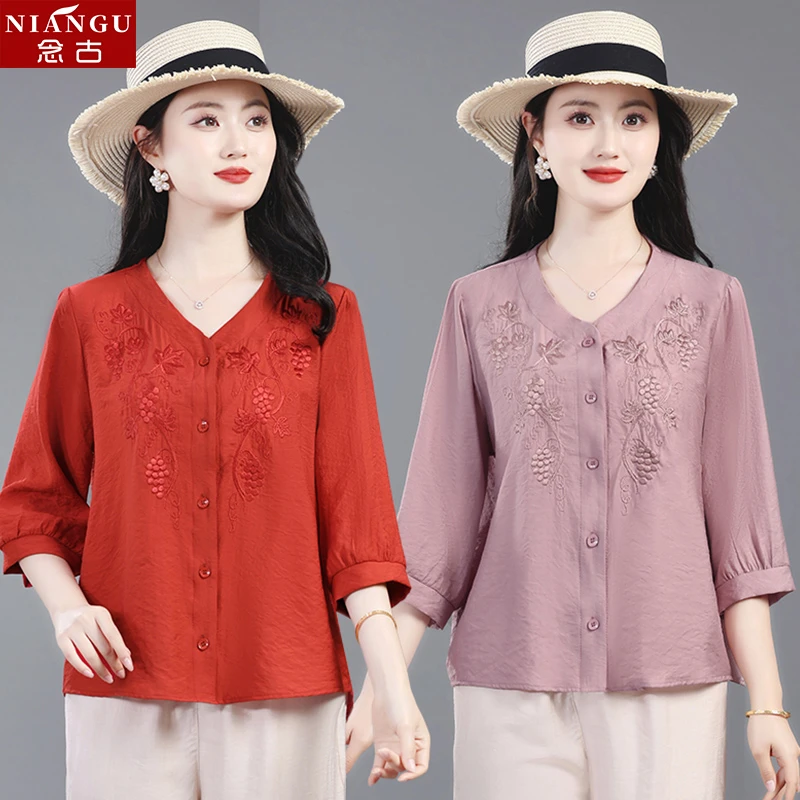 妈妈夏季新款时尚衬衫2025中老年女装宽松遮肚显瘦气质百搭上衣