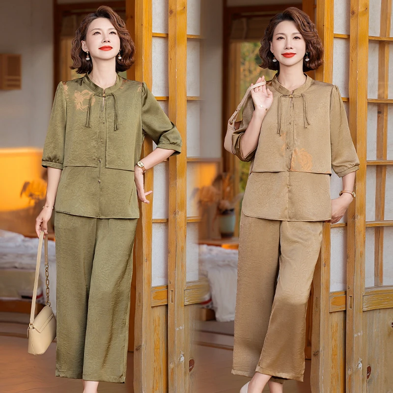 气质中老年妈妈薄款上衣夏装小衫两件套国风休闲衬衫套装复古