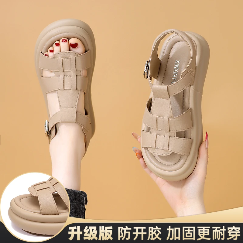 厚底罗马凉鞋女露趾镂空凉鞋软底舒适平底鞋复古外穿时尚凉鞋女