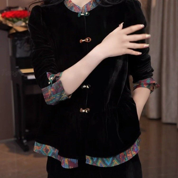 2025秋季新款时尚新中式国风拼色丝绒长袖开衫外套上衣女