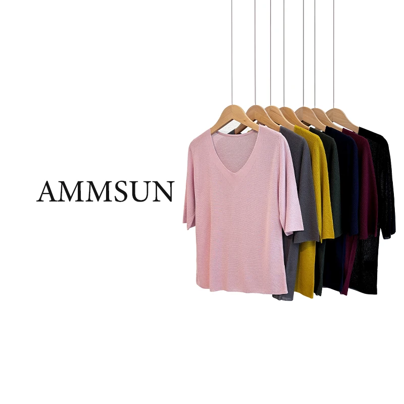 AMMSUN【回忆】V领莱赛尔夏季百搭时尚设计气质款针织套头中袖上衣
