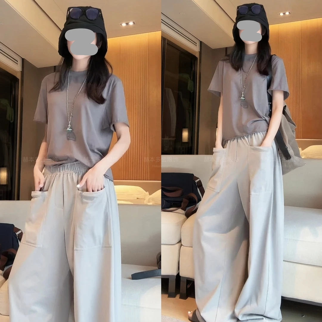 夏季韩版宽松卷边短袖T恤上衣显瘦百搭阔腿裤休闲套装洋气衣服女