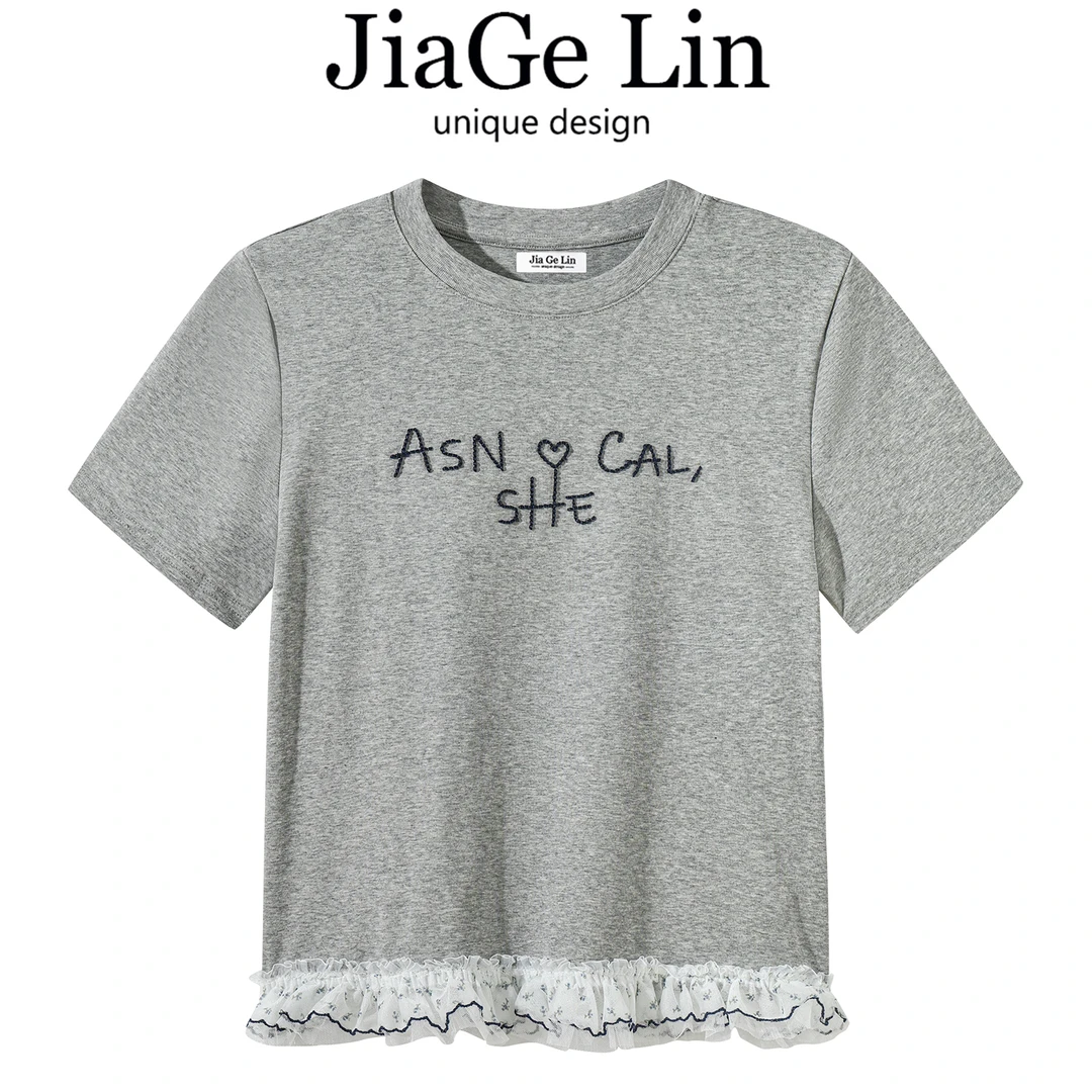 JiaGeLin韩系设计感圆领蕾丝拼接字母短袖T恤女夏季洋气减龄上衣