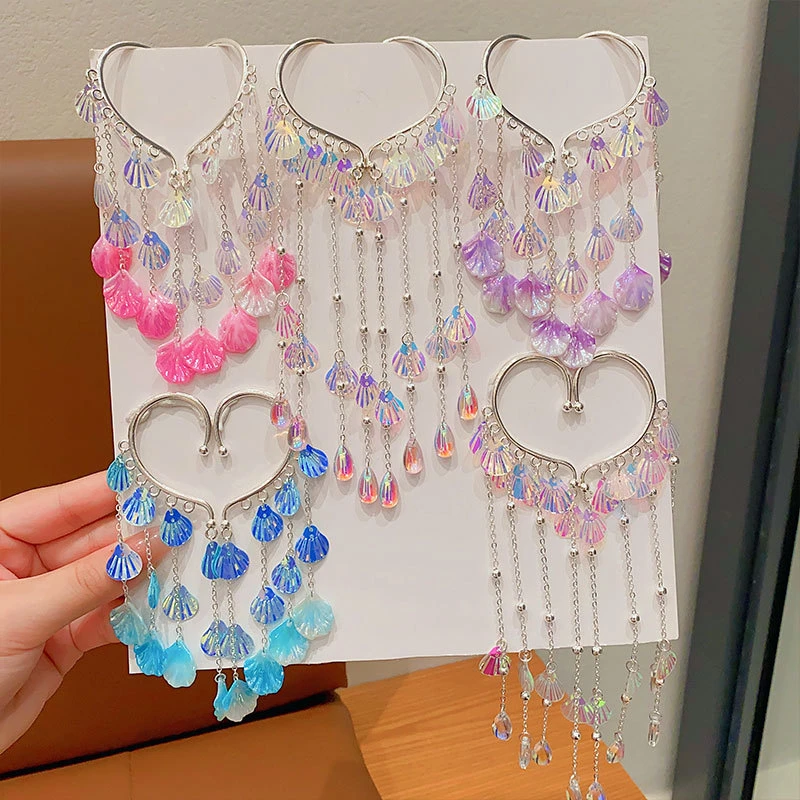 儿童耳环海洋贝壳超仙流苏无耳洞公主耳饰女童美人鱼耳挂女孩头饰