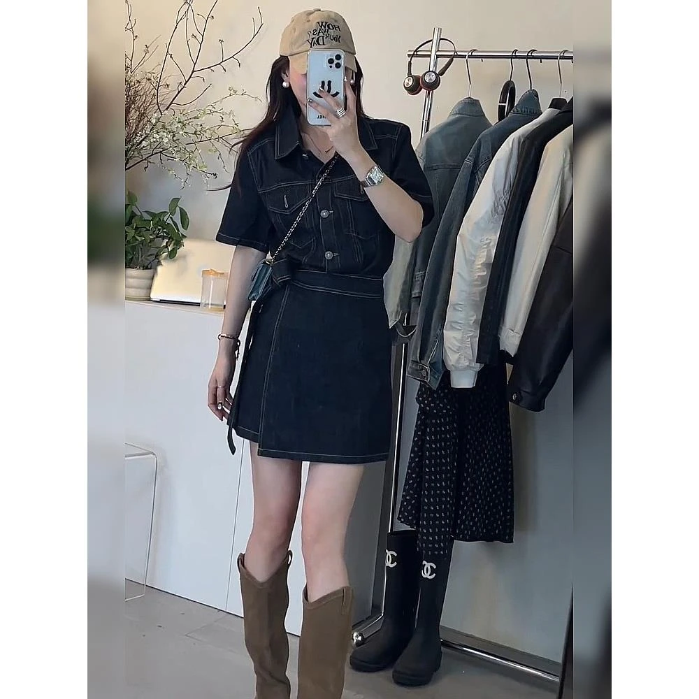 NABA0▶重工深色牛仔短袖裙系带连衣裙韩系气质简单大方复古短裙女