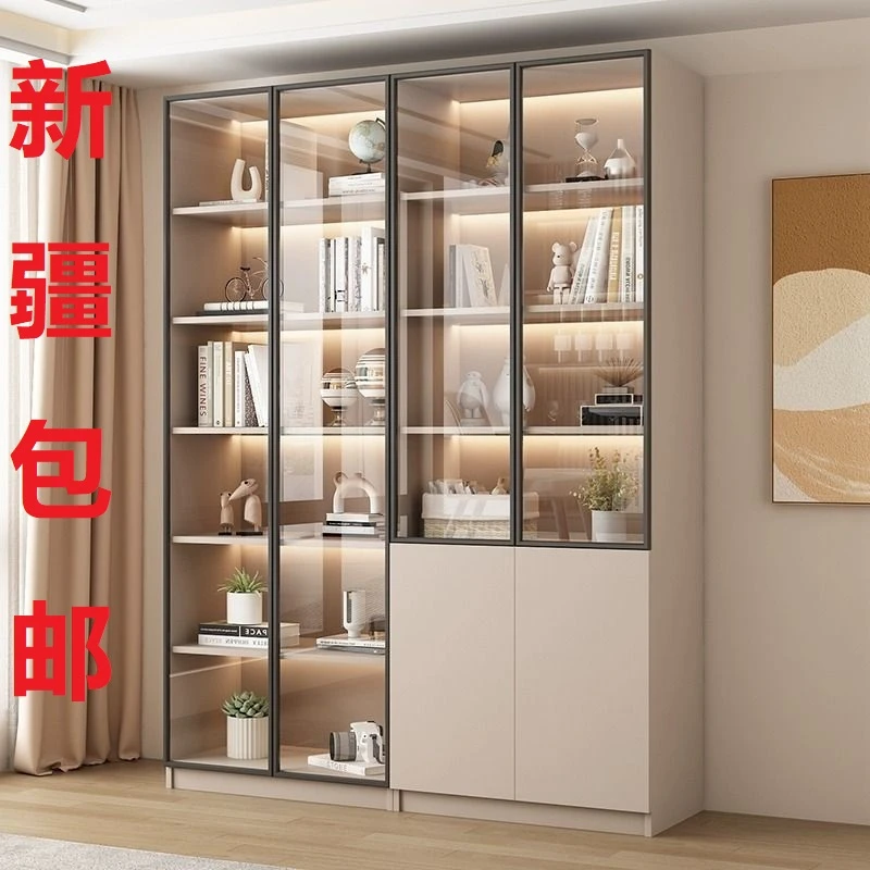 新疆包邮实木书柜一体靠墙玻璃门落地防尘书柜子全封闭摆件收纳柜