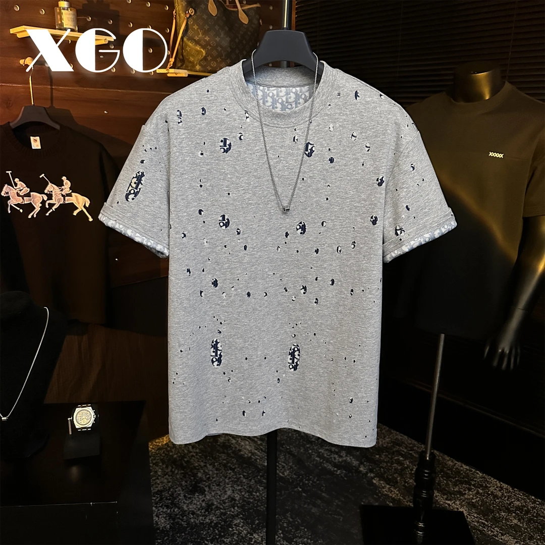 【XGORAD】夏季撞色潮流字母破洞设计短袖美式重磅冰感棉圆领T恤