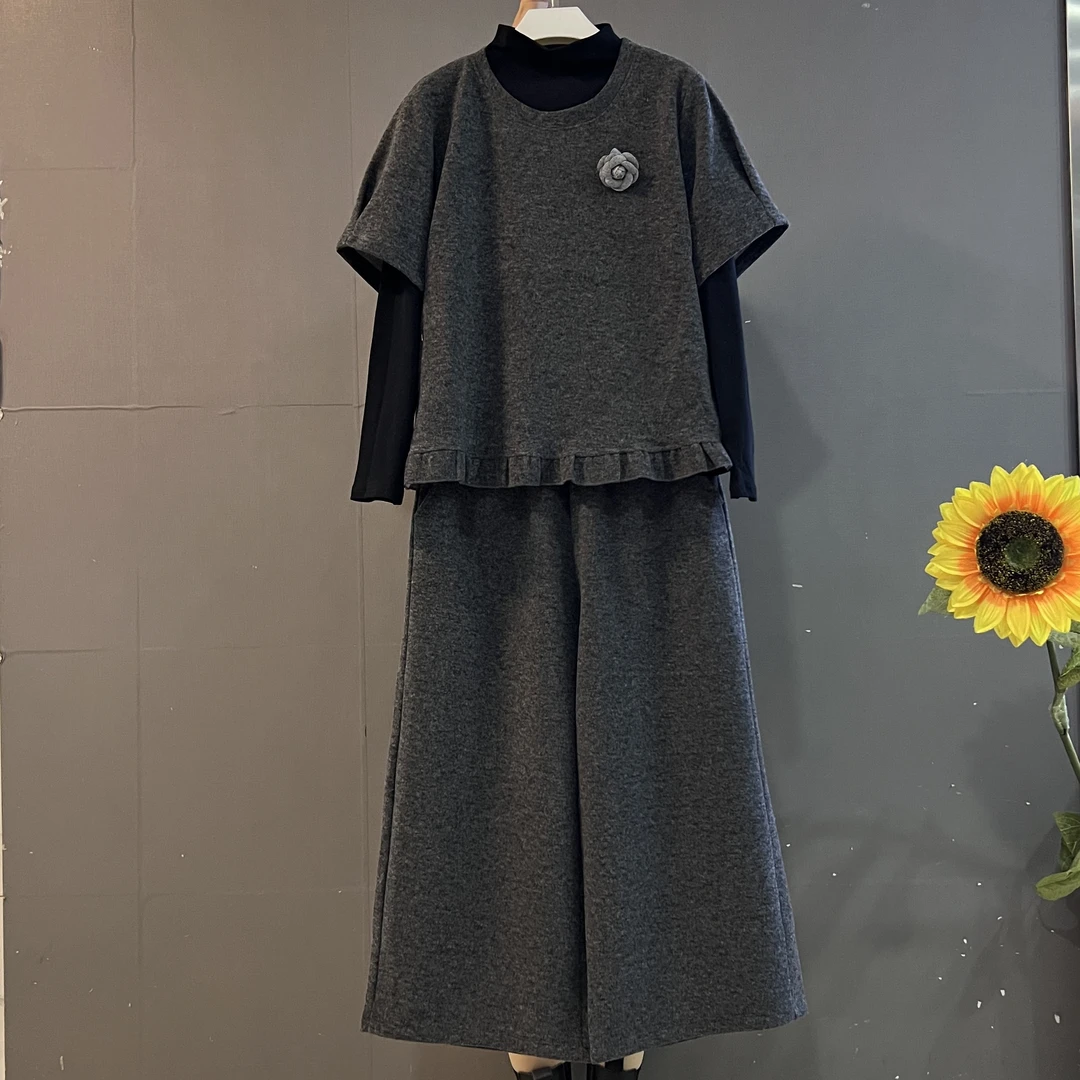 新款时尚小香风短袖➕长袖打底➕阔腿裤洋气减龄件套套装