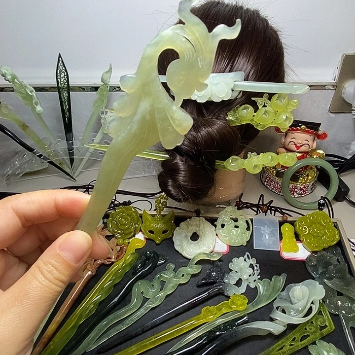 蛇纹石玉合金发饰凤头