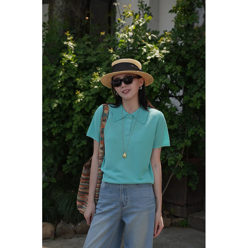 阿土秀纯色小翻领短袖针织衫2025夏季新款韩系气质显瘦短款Polo衫