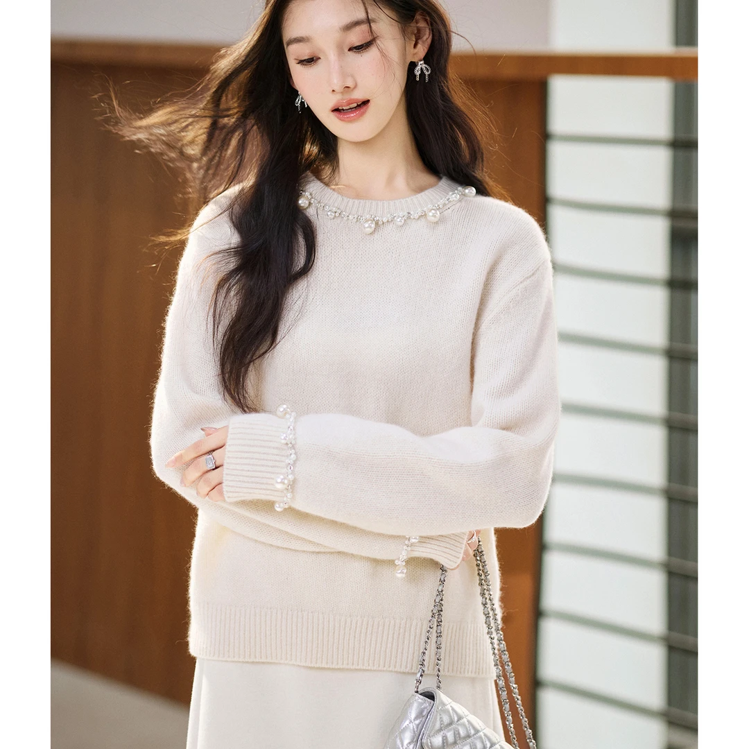 【黛芙妮针织】高支羊毛兔毛 法式优雅珍珠经典宽松毛衣FX4ZS1502-A