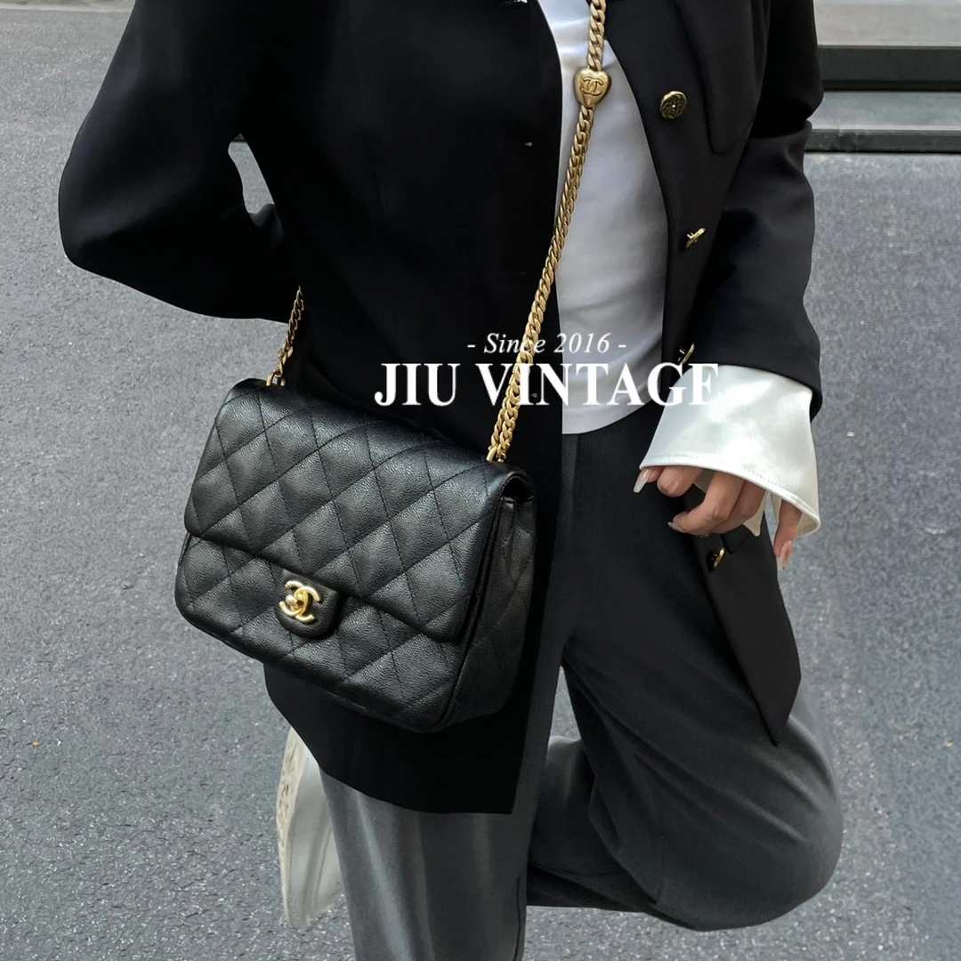 99新 Chanel/香奈儿 23p爱心金珠黑金荔枝牛皮方胖子BJM2-8047
