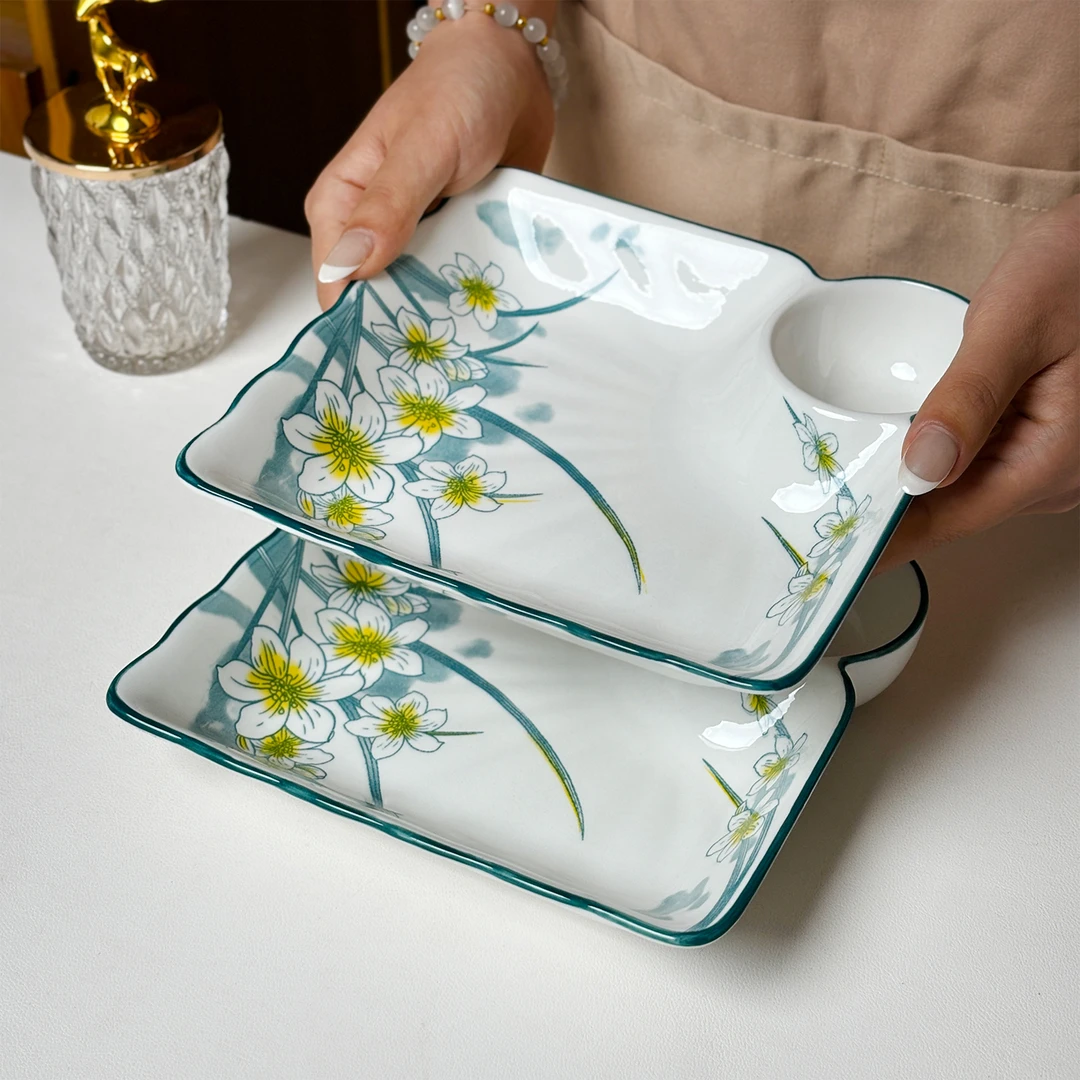 【2只装】水仙花饺子盘家用自带醋格分格盘