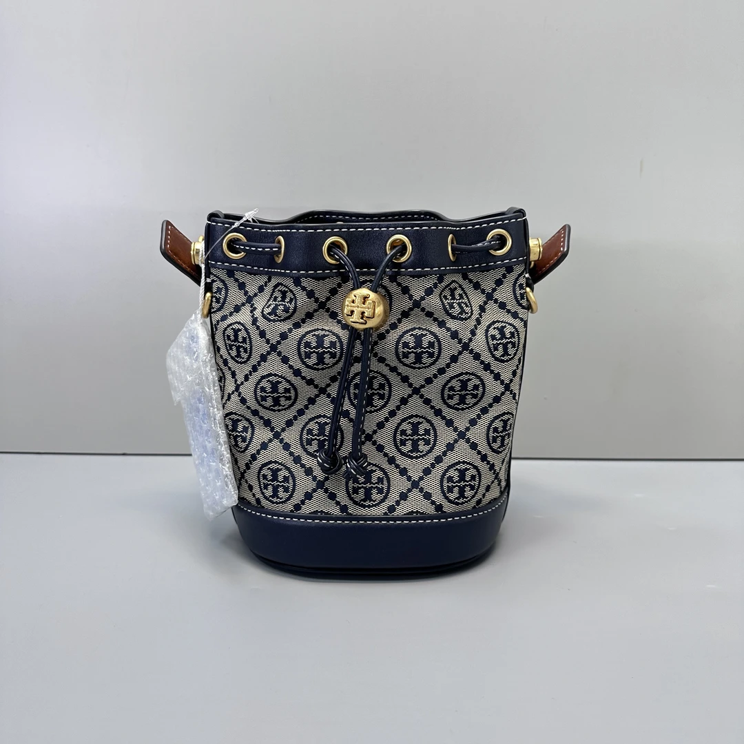 95新 TORY BURCH/汤丽柏琦 蓝色老花小水桶包15X18X11cmSM010901