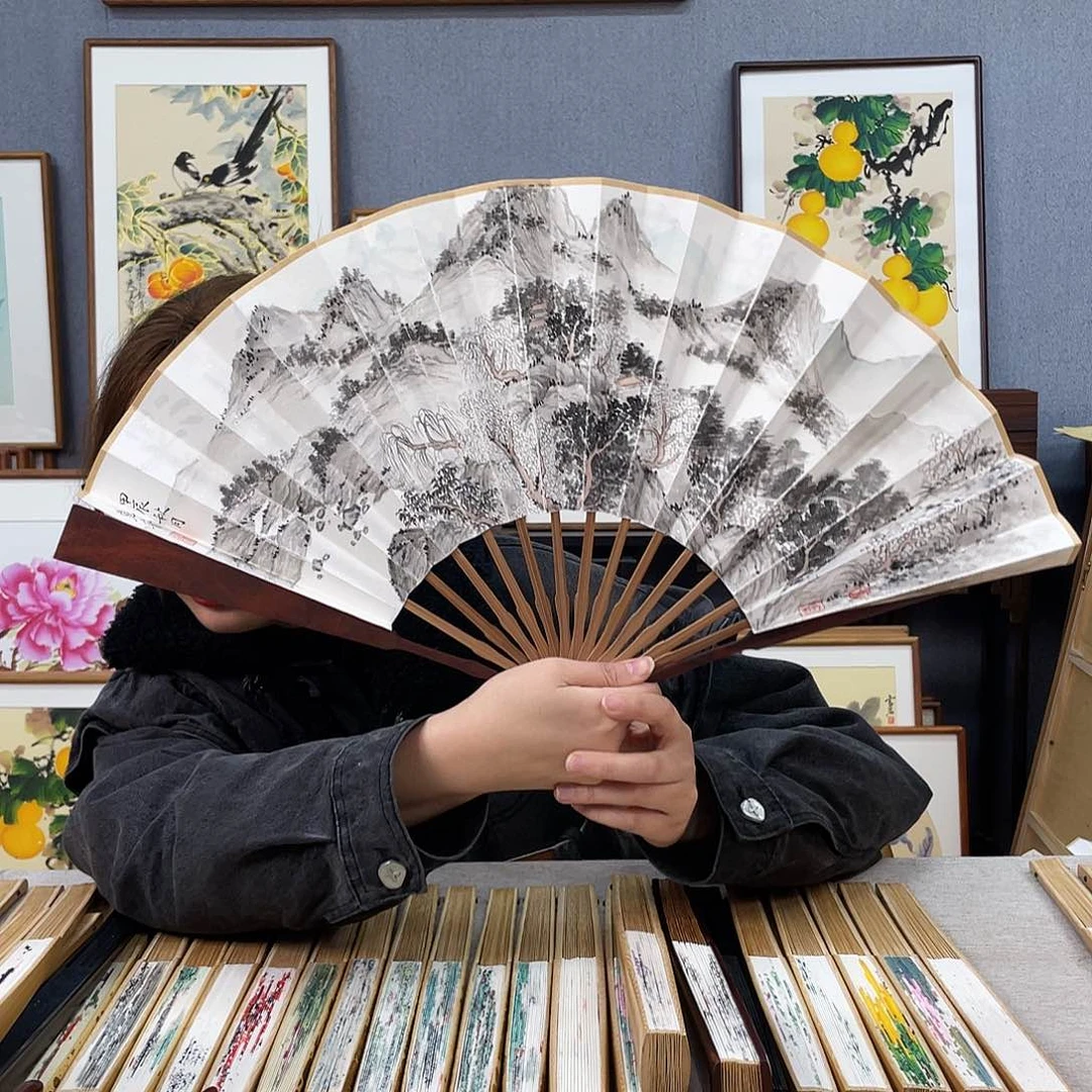 国画10寸红木-纯手绘-文玩扇骨（默认粘好）