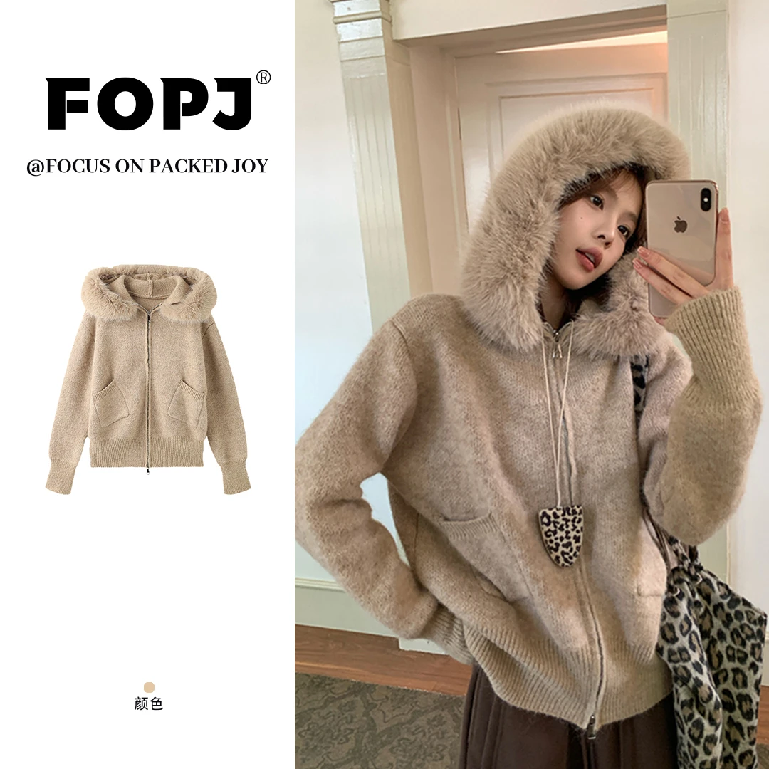 FOPJ秋冬新款韩系慵懒感穿搭毛领针织衫女双拉链毛衣连帽外套上衣