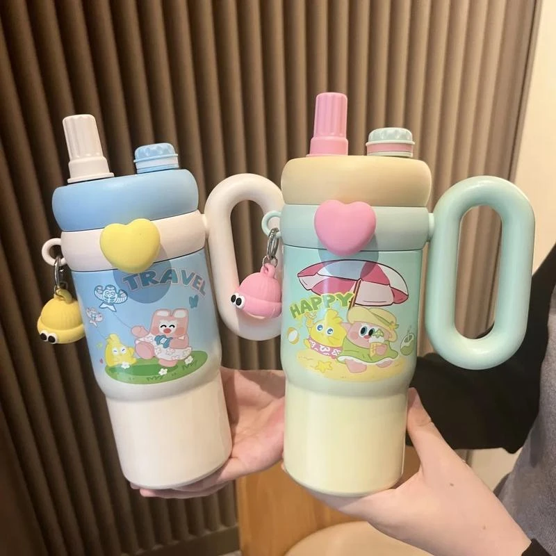 卡通公仔不锈钢保温杯超萌大容量吸管杯高ins颜值便携带手把水杯