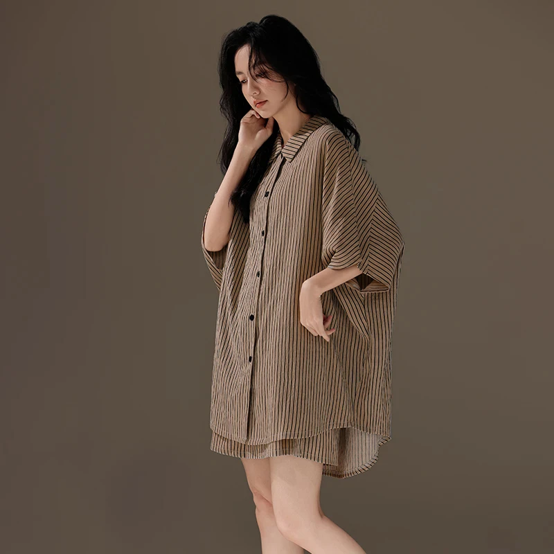 艾唯绅睡衣女2025衬衫短袖宽松条纹休闲可外穿大码夏季家居服套装