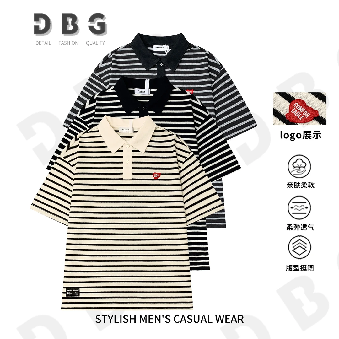 【77302】夏季百搭爱心刺绣条纹男士翻领休闲宽松POLO衫短袖
