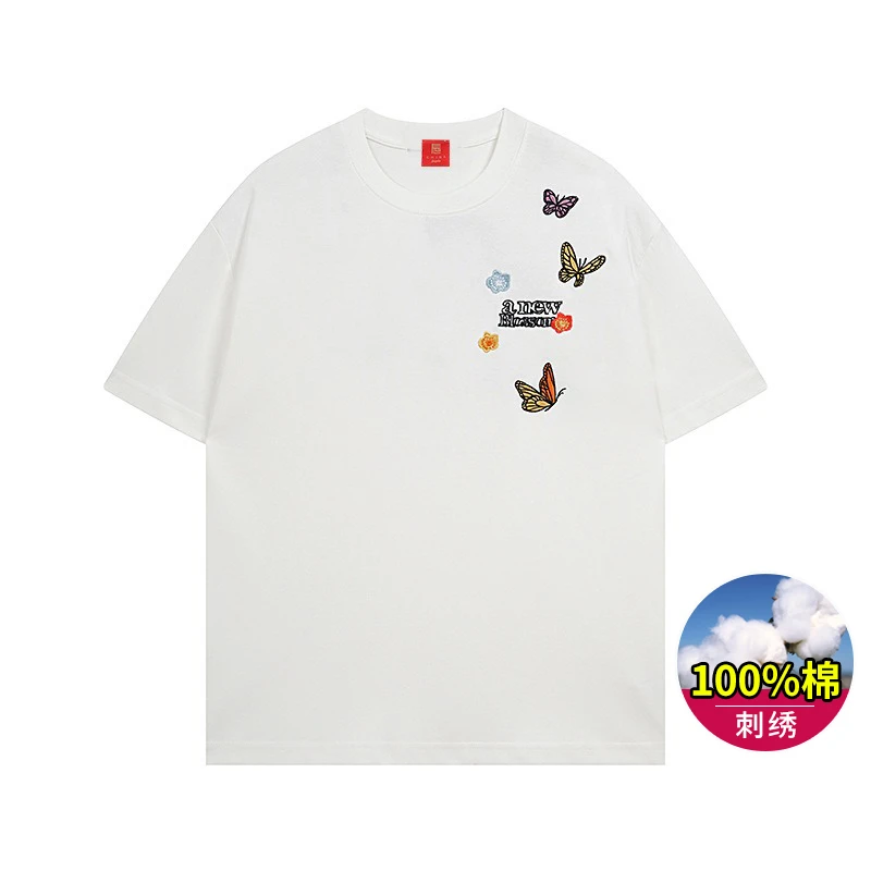 刺绣T恤男短袖宽松休闲纯棉高档品质国风男装100%全棉圆领半袖白t