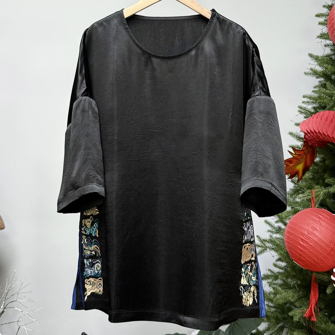 苗绣十二生肖 - 褶皱醋酸重工刺绣！新中式宽松显瘦绣花T恤短袖