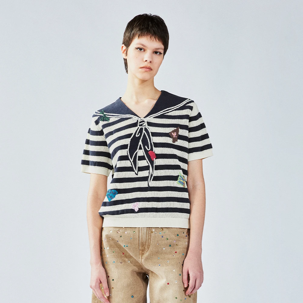 UOOYAA/乌丫2025夏新款「更自由」贴布Remake条纹海军领毛衫T恤4158