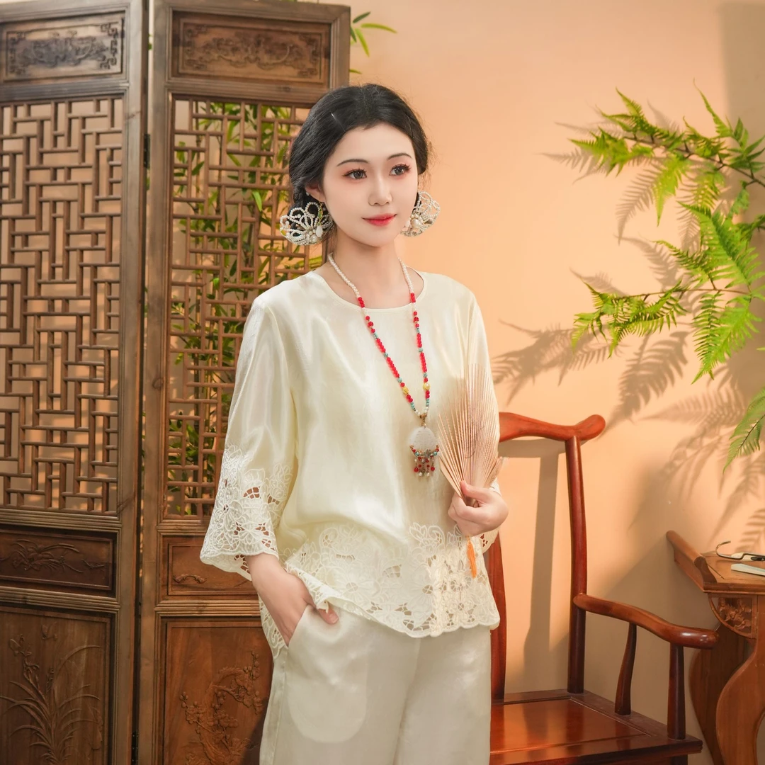 【安冉短】刺绣醋酸小衫新中式国风上衣