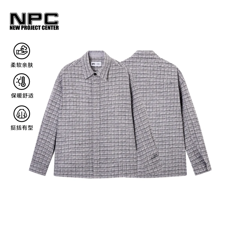 NPC潮牌复古金属小logo翻领格纹衬衫外套男舒适磨毛落肩NP4CSH24