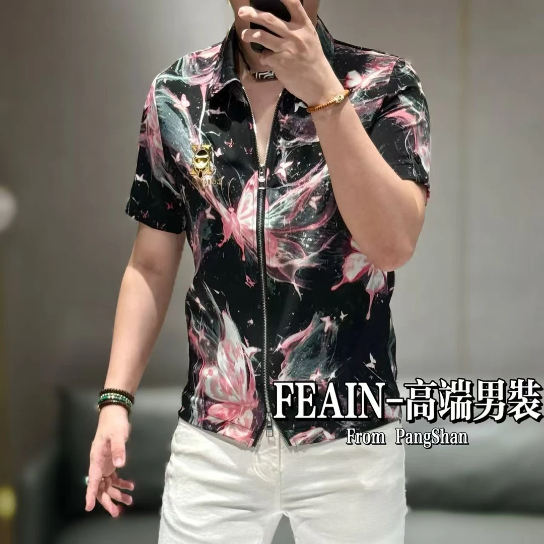 夏凉超薄透气男士丝柔贡缎梦幻蝴蝶开衫5529