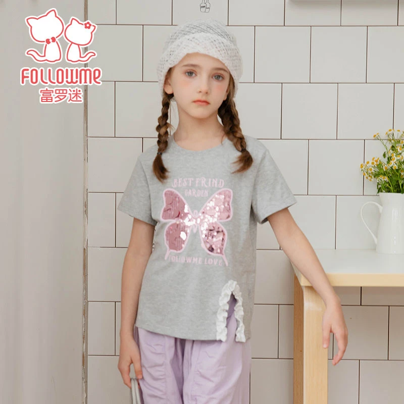 富罗迷时尚亮片蝴蝶短袖T恤女童夏季新款舒适短袖上衣F5B7372Z