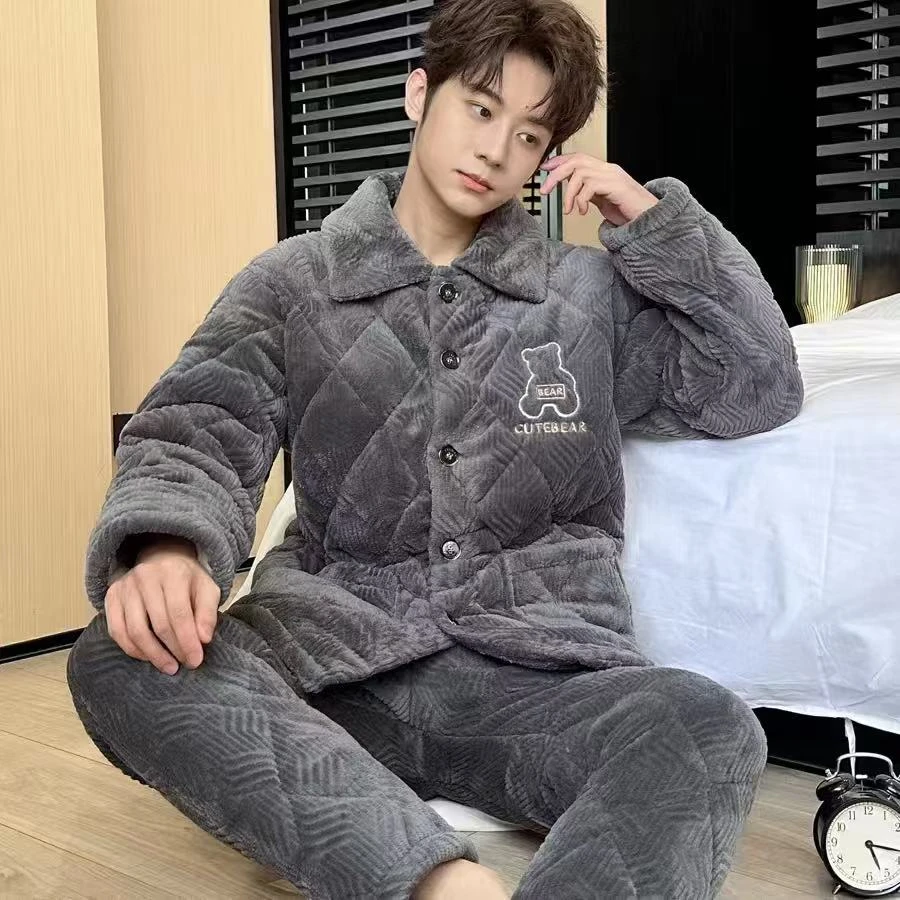 冬款三层夹棉加厚睡衣男款蚂蚁绒宝宝绒保暖家居服