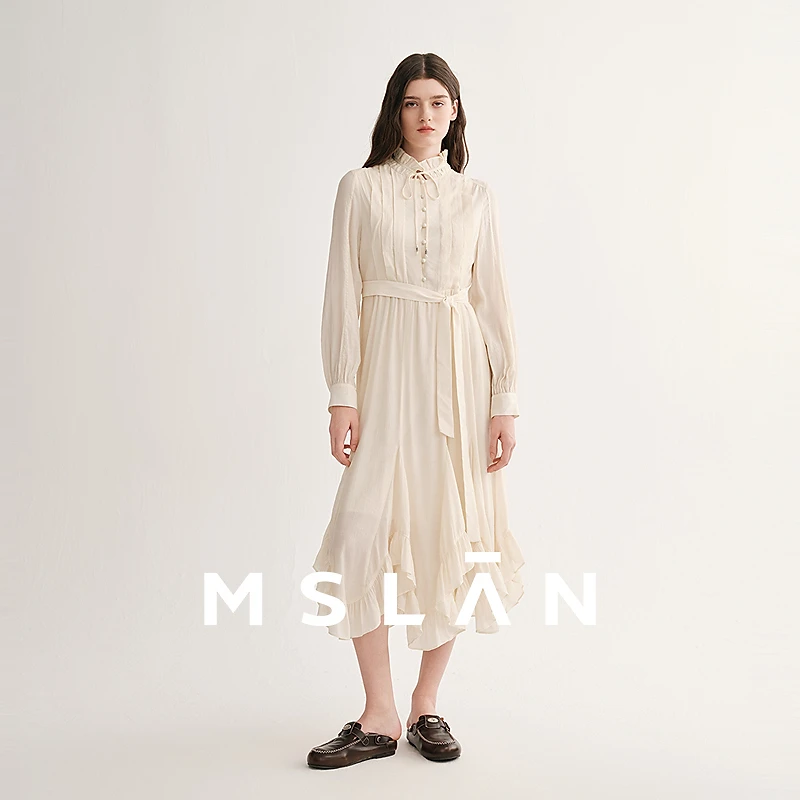 MSLAN冬季新款肌理细腻下摆分割飘逸轻薄荷叶边连衣裙MGDT046