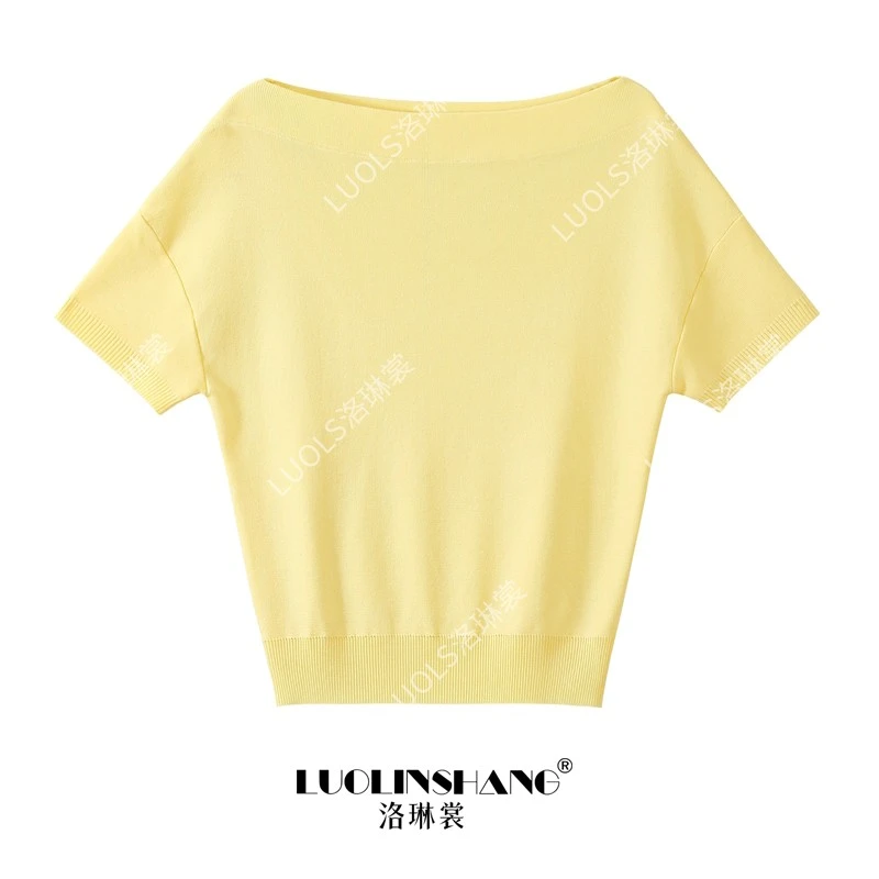 2025夏季新款冰丝辣妹一字肩斜肩短袖套头针织衫韩系高级上衣女